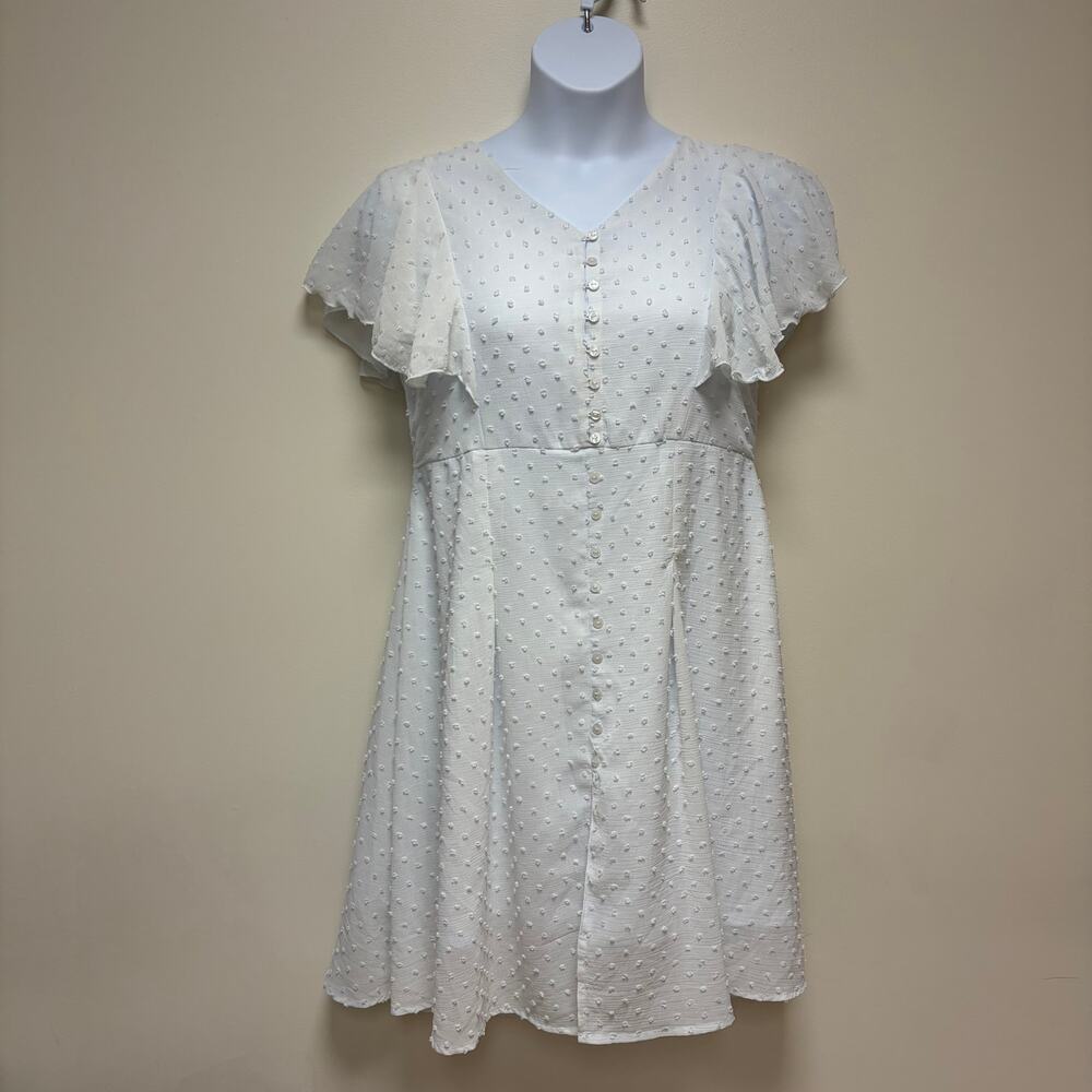 Charcoal Pale Lt Blue Swiss Dot Flutter Sleeve Mini Dress Boho Cottagecore XL